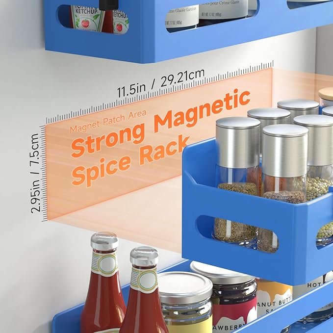 4-Pack Magnetic Spice Rack for Refrigerator with Hooks, Blue | Strong multipurpose magnetic shelf for kitchen & bathroom organization. Includes 4 removable hooks for hanging items.