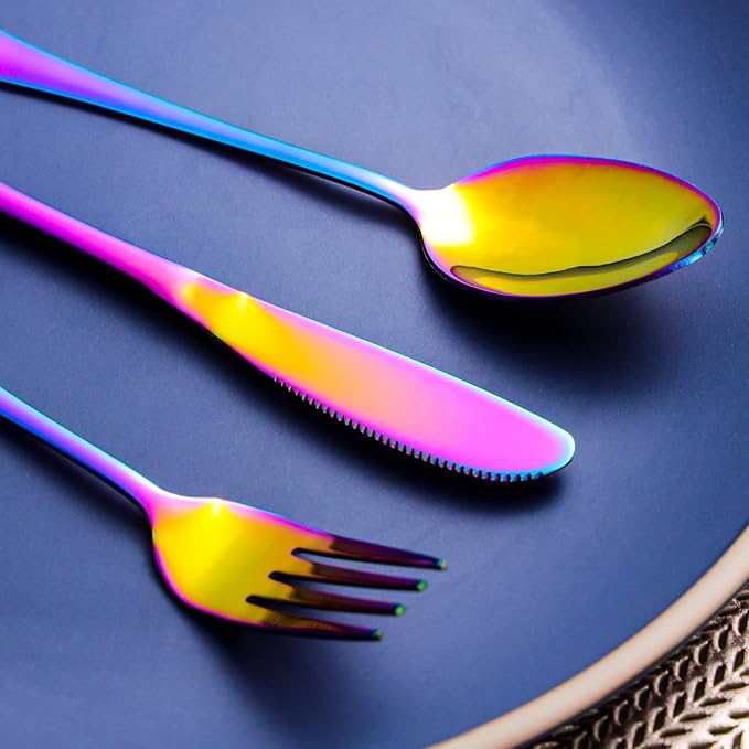 SAOSHYPEI Travel Utensils with Case, 4-Piece Stainless Steel Set, Rainbow | Colorful reusable fork, spoon and knife set for work lunch, school, picnic and travel; portable case, dishwasher safe.