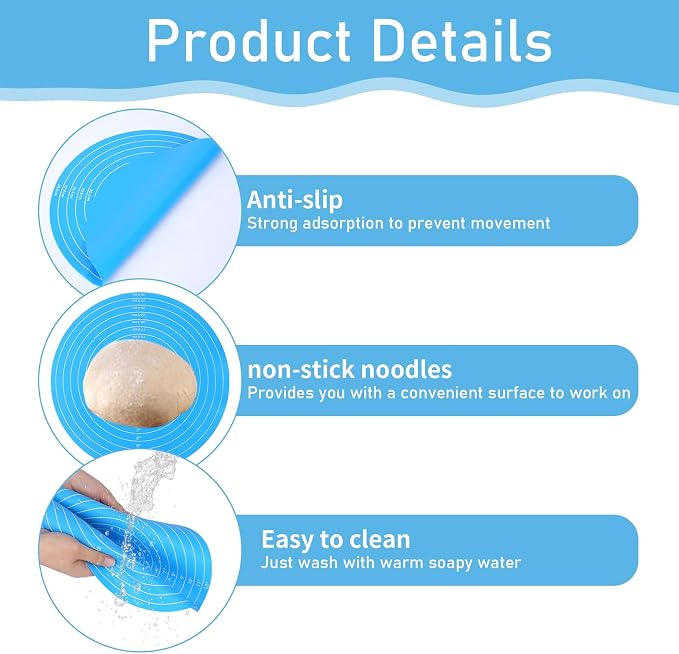 Silicone Baking Mat Cake Mat Round Silicone Baking Mat with Measurements for Cake Turntable Stand Pastry Baking Sheet, Non-Stick and Heat Resistant (Blue)