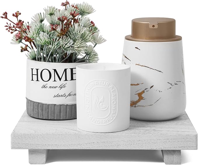 Wood Bathroom Tray Farmhouse Decor Kitchen Soap Holder, 9"x6" White | Waterproof, Lightweight, Easy Clean, Small Wooden Riser Pedestal Stand Accessories for Office Desk, Vanity, Counter, Sink