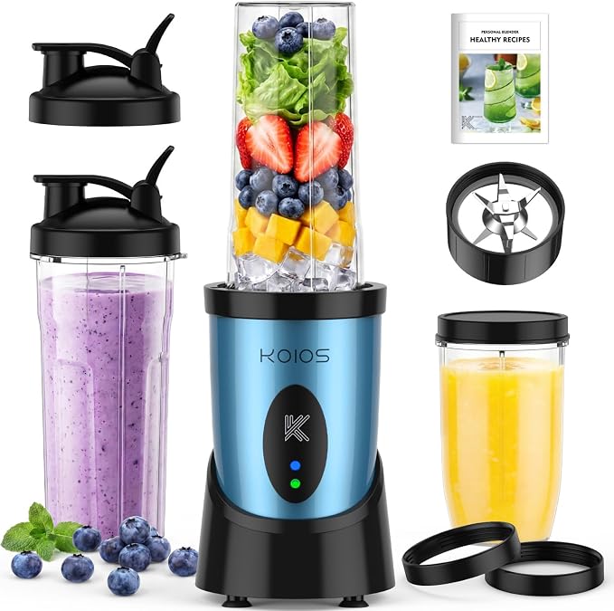 KOIOS Smoothie Blender Kitchen, 900W Personal Blender with 3 To-Go Cups | (2) 23oz & 16oz Cups, Blend Smoothies Shakes Juices Frozen Drinks, Dishwasher Safe Part, Twist-Lock, 14Pcs, Recipe, Sky Blue