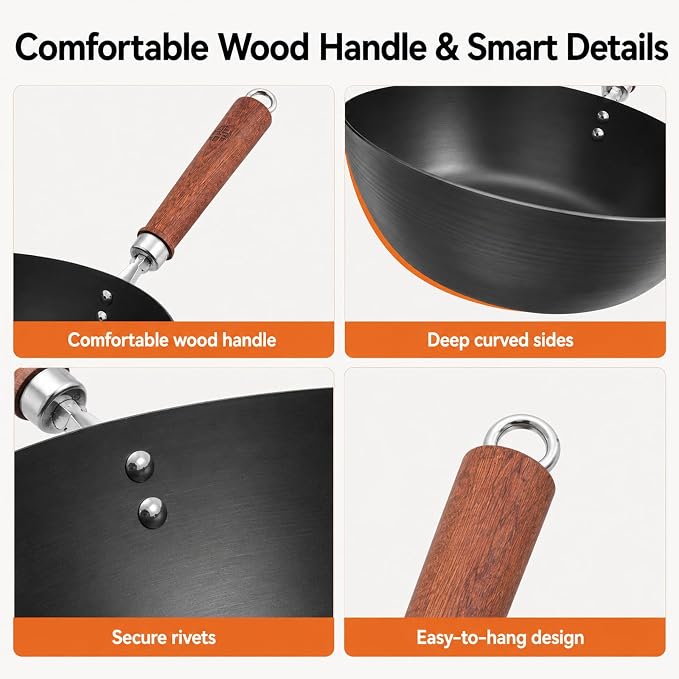 WANGYUANJI 10.24-Inch Carbon Steel Wok with Lid, Flat Bottom Small Wok Pan for 1–3 Servings, Uncoated Stir Fry Pan, Glass Lid, Induction/Gas/Electric Compatible, Wood Handle, Black