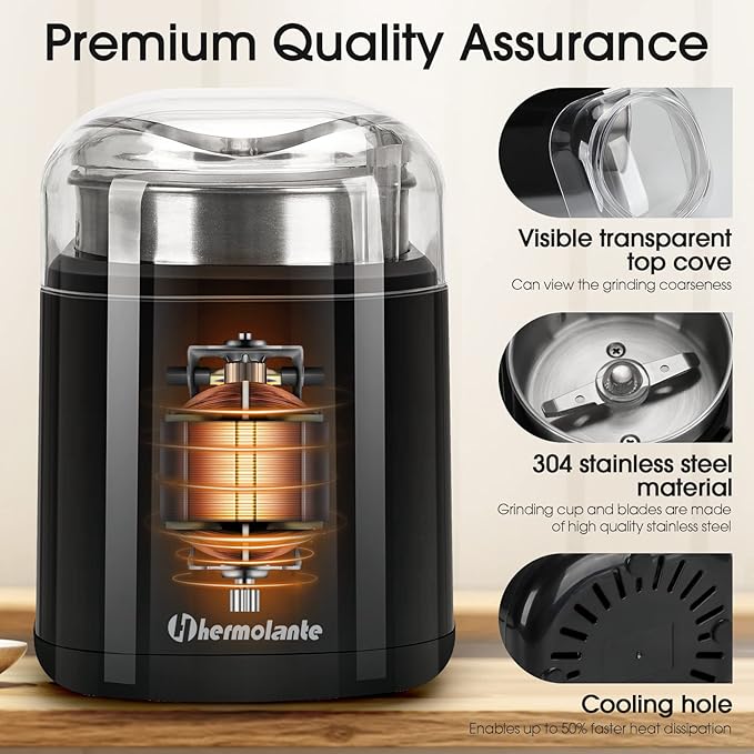 Hermolante Herb Grinder Spice Grinder, 200 w Herb Grinder with Stainless Steel Blade and Cleaning Brush, Compact Size Electric Grinder for Herbs and Spices -5.11in (Black)
