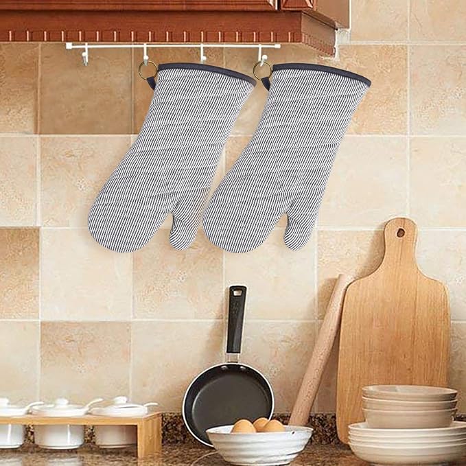 Yarn Dyed Oven Mitts 1 Pair, 100% Cotton Heat Resistant 470 Degree | Oven Gloves for Men Women Cooking Baking Barbecue BBQ Microwave Crafting Machine Washable Pot Holders Mittens (Grey 2)