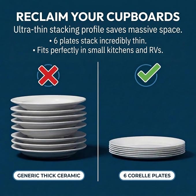 Corelle Vitrelle 6-Piece Salad Plates Set Triple Layer Glass and Chip Resistant, 8-1/2-Inch Lightweight Round Plates, Winter Frost White