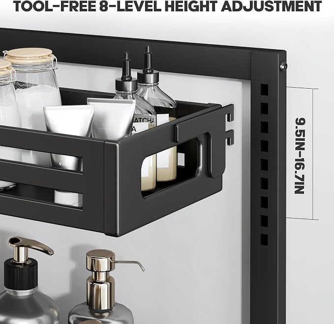 2 Pack 19IN-Depth Under Sink Organizer,Pull Out Cabinet Organizer With Smooth Cylindrical Rail,Metal Slide Out Drawer for Kitchen Bathroom Laundry,8-Level Tool Free Height Adjustable-Black