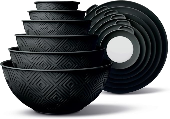 COOK WITH COLOR Mixing Bowls with Lids - 12 Piece Plastic Nesting Bowls Set includes 6 Prep Bowls and 6 Lids, Microwave Safe Mixing Bowl Set, Black Rhombus