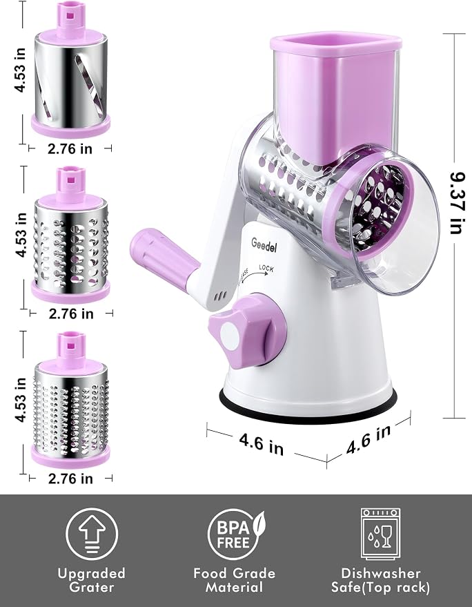 Geedel Rotary Cheese Grater Hand Crank, Cheese Shredder Vegetable Slicer | 3 Blades, 430 Stainless Steel, 12x Fast Cutting, Strong Suction Base, No BPA, Dishwasher Safe, for Cheese, Veggie, Nut