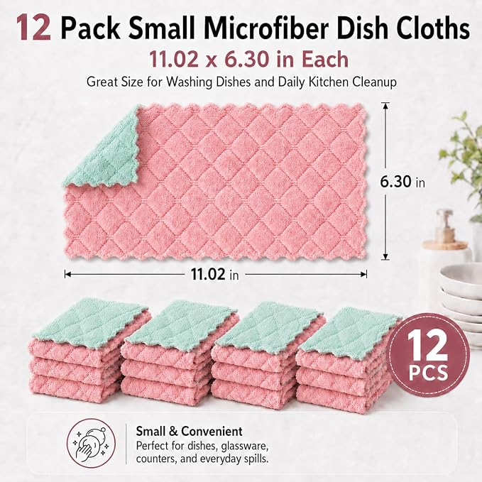 kimteny 12 Pack Dish Cloths for Washing Dishes | Super Absorbent Microfiber Kitchen Dish Rags, Fast Drying Coral Velvet Dish Cloths for Kitchen Counter and Dishes, Pink-Green