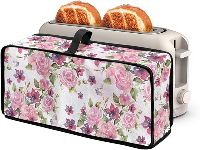 ZDCUSTOM Pink Rose Flower Long Slot Toaster Cover Fits for Most Standard 2 Slice Slim Toasters, Keep Kitchen Small Appliance Clean From Dust and Fingerprint