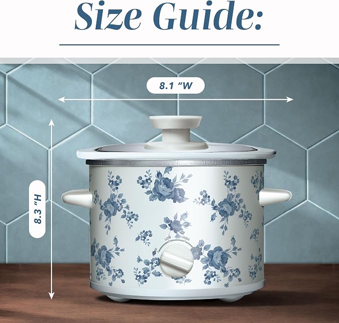 COOK WITH COLOR 2QT Mini Electric Round Slow Cooker - Adjustable Settings, Removable Stoneware Pot, Tempered Glass Lid, Dishwasher Safe, Cool-Touch Side Handles, Floral Blue
