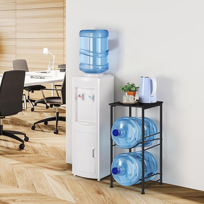Water Bottle Holder Organizer 5 Gallon Water Jug Holder with Top Shelves 2 Tier Water Cooler Jug Storage Rack Heavy Duty Water Dispenser Stand for 5 Gallon Bottle Kitchen Office Living Room Black