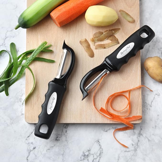 Spring Chef Swivel Vegetable Peeler with Soft Grip Handle, Set of 2, Black | Premium Potato Peeler w/ Ultra Sharp Stainless Steel Blades, Multifunctional Veggie Peeler for Apple, Carrot, Cucumber, Fruit