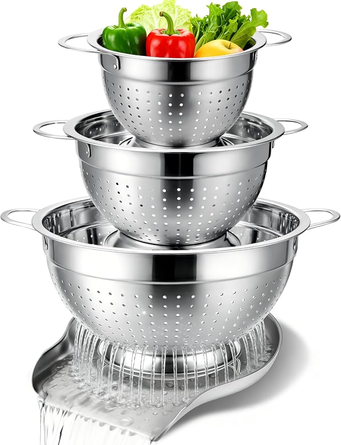Palksky Stainless Steel Colander Set with Handles & Self-Draining Base, 3 Sizes (7”, 9”, 11”), Heavy Duty Pasta Strainer, Rice & Vegetable Strainer, Countertop Draining System