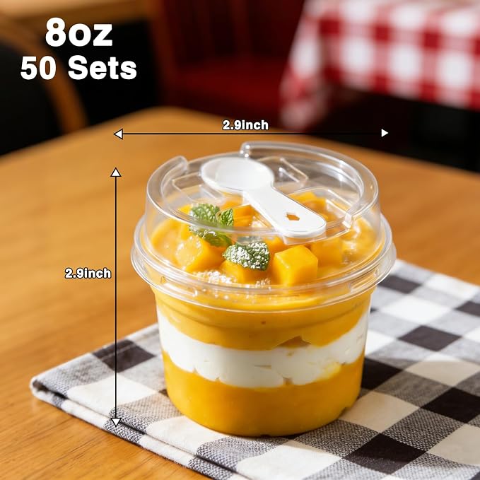 50 Pack 8 oz Plastic Dessert Cups with Lids and Spoons, | Banana Pudding Cups with Lids Mini Dessert Shooters for Party Individual Yogurt Parfait Jello Fruit Trifle