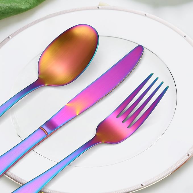 Matte Rainbow Silverware Stainless Steel Flatware Set for 6 Colorful Cutlery Set 30 pieces Include Forks Spoons and Knives for Kitchen Home Restaurant Satin Finish Square Edge Handle