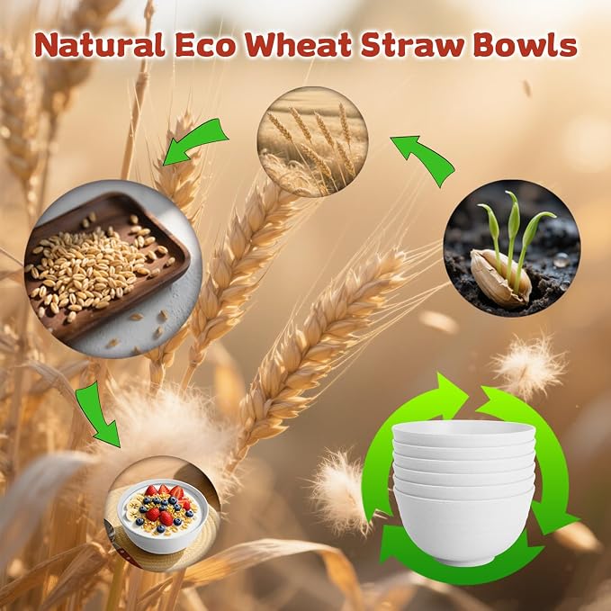 Wheat Straw Camping Bowls Sets of 6,Unbreakable 26oz Lightweight Bowls Sets for Outdoors Activity,Breakfast Bowls for Cereal and Salad.White Series