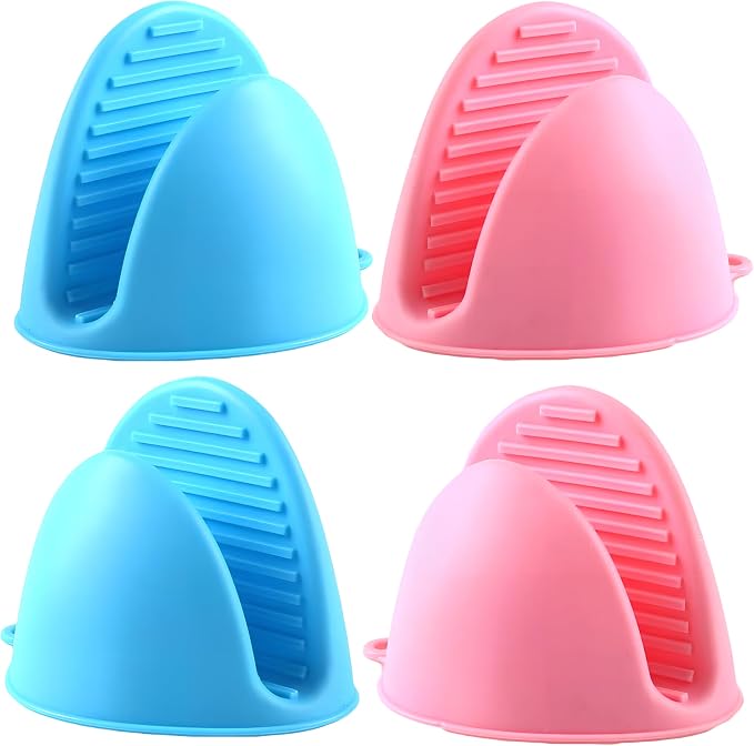2 Pairs (Blue & Pink), Mini Silicone Oven Gloves, Mini Finger Protector Pot Holder for Kitchen,Cooking,Baking,BBQHeat Resistant Gloves，can be Washed in the Dishwasher