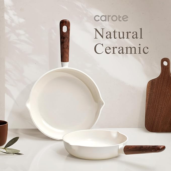 CAROTE Nonstick Frying Pans Skillets, 5 PCS Ceramic Coating Pans Set | Non-toxic Healthy & PFOA Free, Induction Compatible, 8+9.5+11 Inch with Colander Lid and Spatula, Cream White