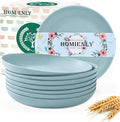 Wheat Straw Deep Plates 9 Inch Unbreakable & Lightweight Plastic Dinner Plates Alternative for Dessert, Sandwich 8 PCS Microwave & Dishwasher Safe Reusable Plate for Camping, RV-Light Blue