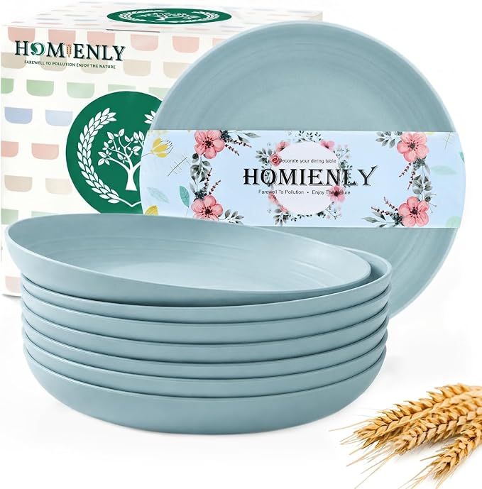 Wheat Straw Deep Plates 9 Inch Unbreakable & Lightweight Plastic Dinner Plates Alternative for Dessert, Sandwich 8 PCS Microwave & Dishwasher Safe Reusable Plate for Camping, RV-Light Blue