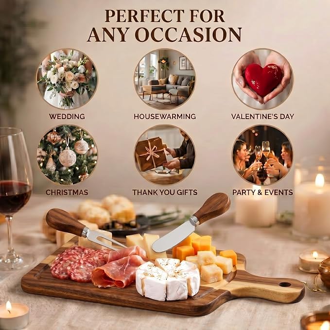 8 Sets Bridal Shower Favor Prizes Charcuterie Board,Acacia Color | Acacia Wood Cheese Board with Knife Fork Thank You Tag, Gift Box for Guests, Valentines Wedding Baby Shower Party Favors