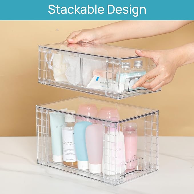 Vtopmart Clear Stackable Storage Drawers, 8 Pack Medium Set | Medium and Small Pull-Out PET Drawers for Consistent Organization, Stackable Storage Solution for Cabinets, Closets, Pantry