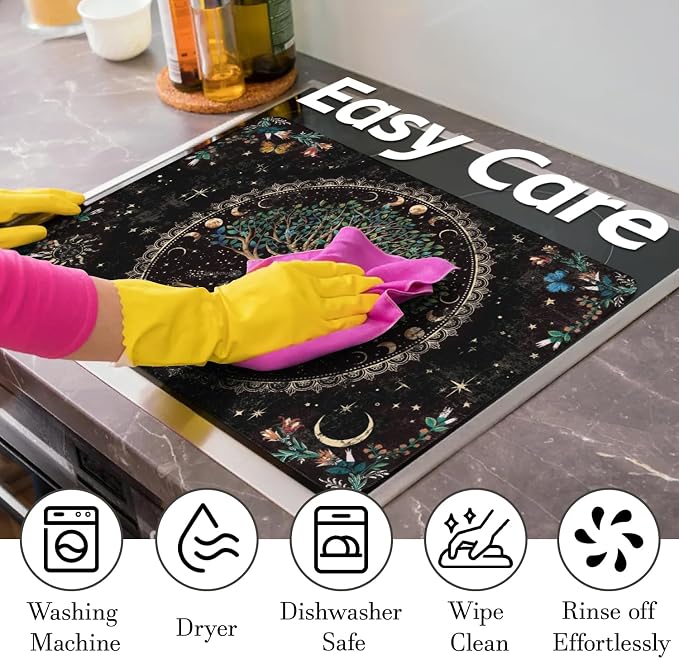 Boho Glass Stove Top Cover for Electric Stoves,Moon Phase Tree of Life Botanical Floral Stove Top Cover for Kitchen Decor,Heat Resistant Cooktop Protector Mat,Non-Slip Washable Dish Drying Mat 28"x20"