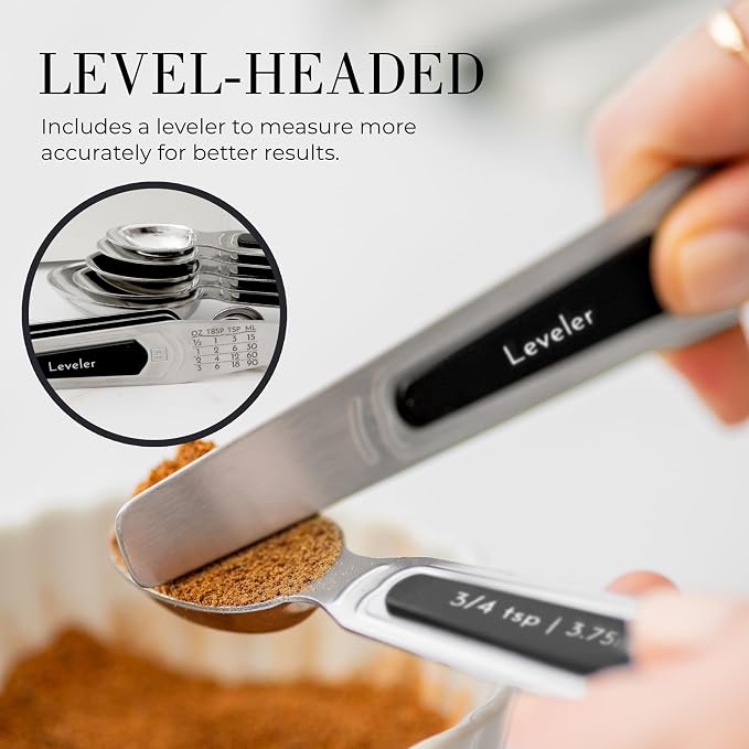 Styled Settings Stainless Steel Magnetic Measuring Spoons Set, 8-Piece | BPA-free, Stackable, Double Sided Measuring Spoons with Leveler for Dry and Liquid Ingredient - Fits in Spice Jars