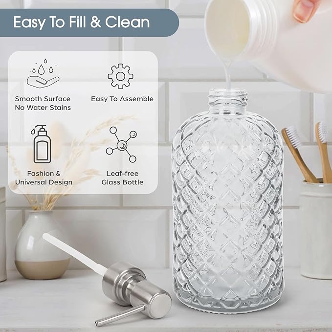 Gem-Patterned Glass Soap Dispenser with Rust Proof Stainless Steel Pump-13 oz Liquid Hand Soap Dispenser for Kitchen & Bathroom,Great for Lotions, Essential Oil, Liquid Soaps-Clear