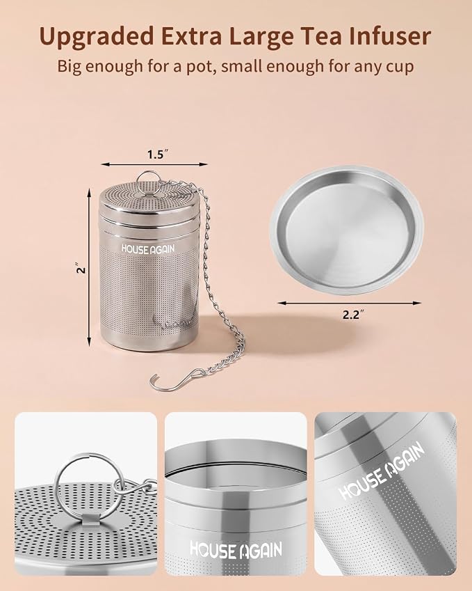 House Again Tea Infusers, Extra Fine Mesh Tea Strainers for Loose Tea, Updated Slim Threaded Lid & 304 Stainless Steel, Loose Leaf Tea Steeper for Brew Tea Spices & Seasonings