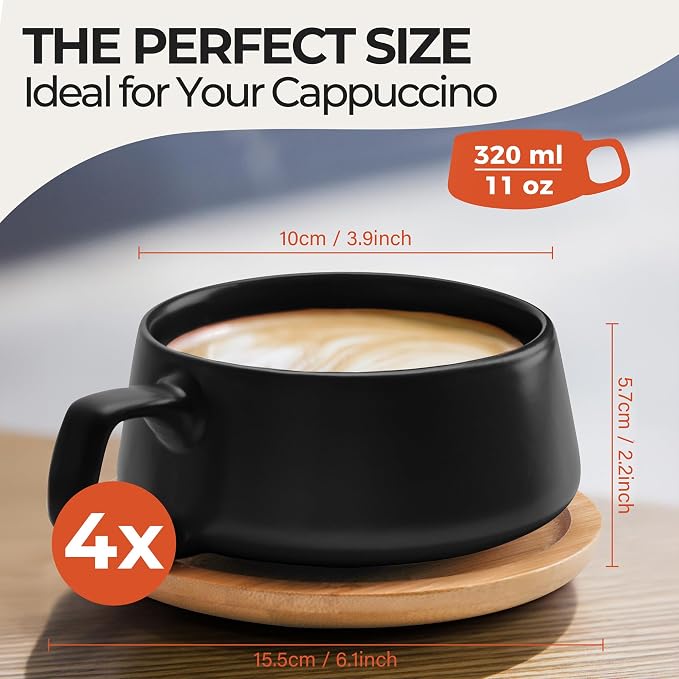 MIAMIO - Cappuccino Cup Set of 4, Ceramic (9.5oz) - Luxe (Black) | Ceramic cappuccino cups and saucers, wide latte cups and mugs for Americano, 4-piece set of ceramic cups - dishwasher safe