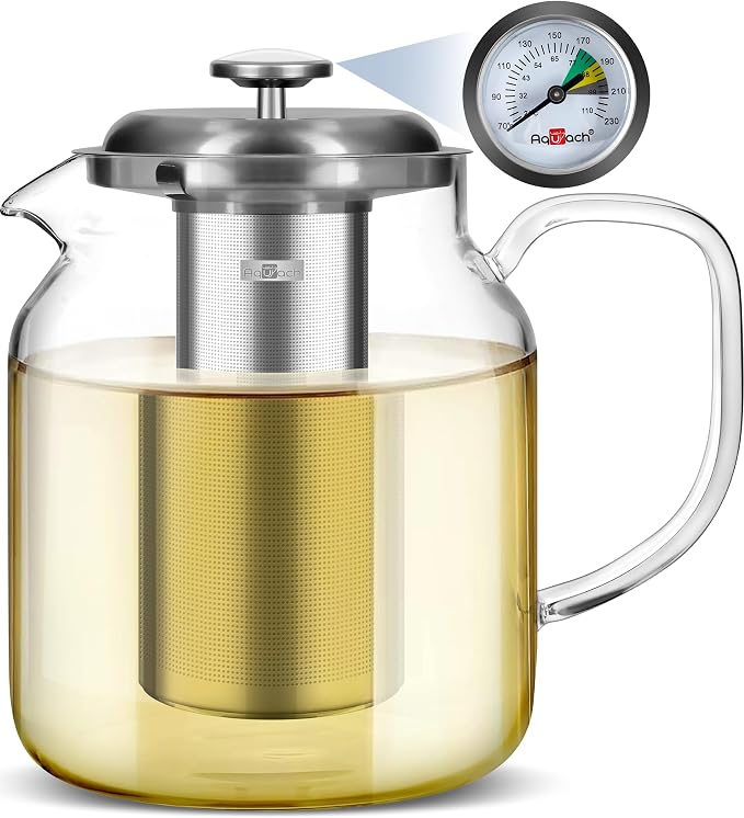 Aquach 68oz Glass Teapot with Thermometer, Stovetop Safe Tea Pot | Dishwasher Safe, Borosilicate Glass, Family Capacity, Precise Loose Leaf Filter, Easy-clean