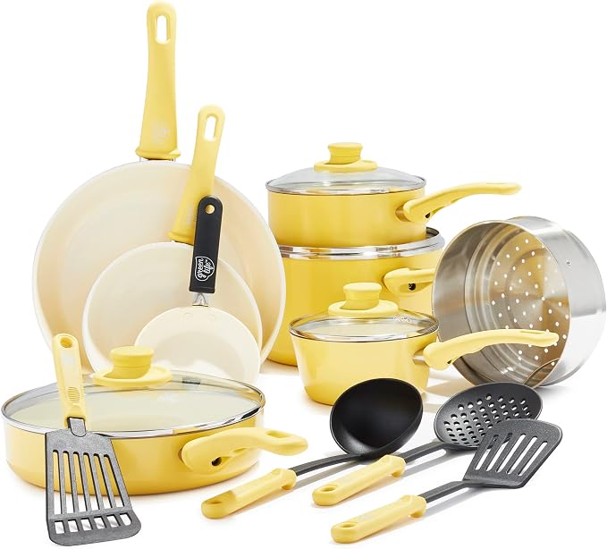 GreenLife 16 Piece Ceramic Nonstick Pots & Pans Cookware Set, Yellow | PFAS-Free Nonstick Coating, Stockpot, Frying Pans, Saucepans, Sauté Pan, Stay-Cool Handles, Dishwasher & Oven Safe up to 350F