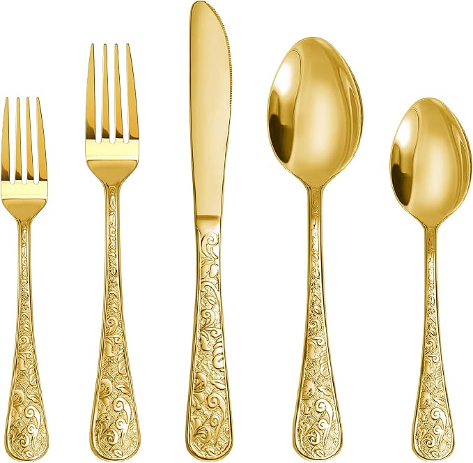 Runfly Vintage Carved Gold Stainless Steel 20-Piece Flatware Set | Silverware Set, Modern Embossed Cutlery Set Utensils Kitchen Including Fork Spoon and Knife
