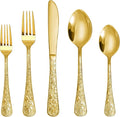 Runfly Vintage Carved Gold Stainless Steel 20-Piece Flatware Set | Silverware Set, Modern Embossed Cutlery Set Utensils Kitchen Including Fork Spoon and Knife