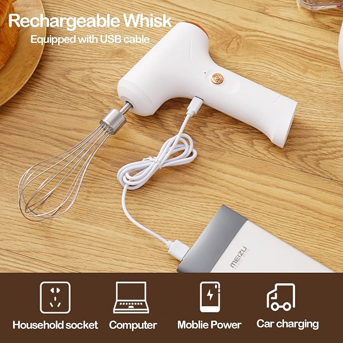 Electric Hand Whisk, USB Rechargeable, Wireless Portable Egg Beater with 2 Detachable Whisks with 3 Speed Modes for Eggs/Milkshake Cream/Butter/Baby Food, Fit for Kitchen/Camping/Gifts (White)
