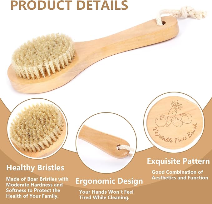 Long Handle Vegetable Scrubber, Veggie Fruit Potato Brush | Firm Bristles, Hanging Rope Wood Veggie Wash Scrubber, Carrot Cucumber Corn Tableware Cleaning, Kitchens Camping Brush Tool