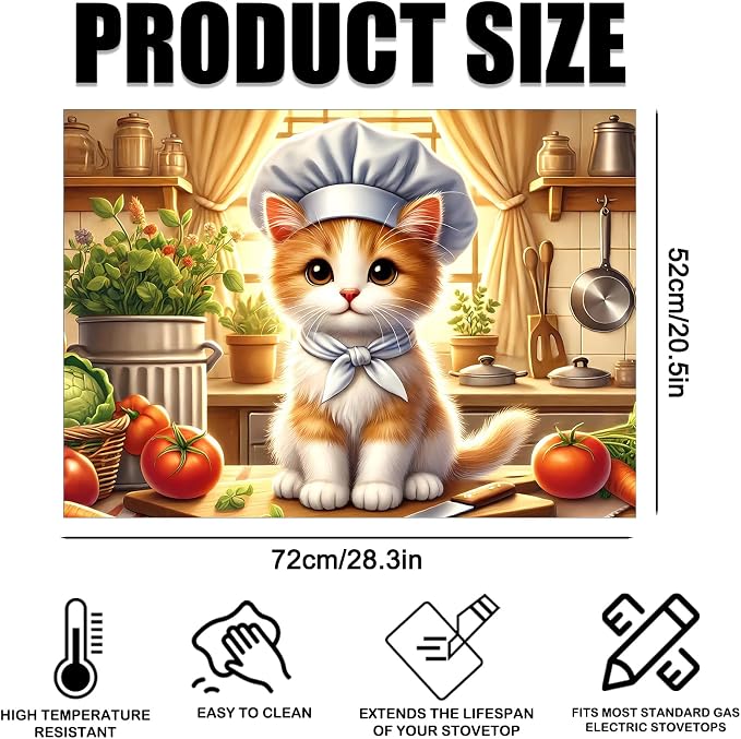 Nuxovilar Chef Cat Stove Cover Diatom Mud 20.47x28.34 In | Glass Protector Countertop Mat Counter Saver Cooktop Cover Kitchen Cooking Area Home Room (Chef Cat Illustration)