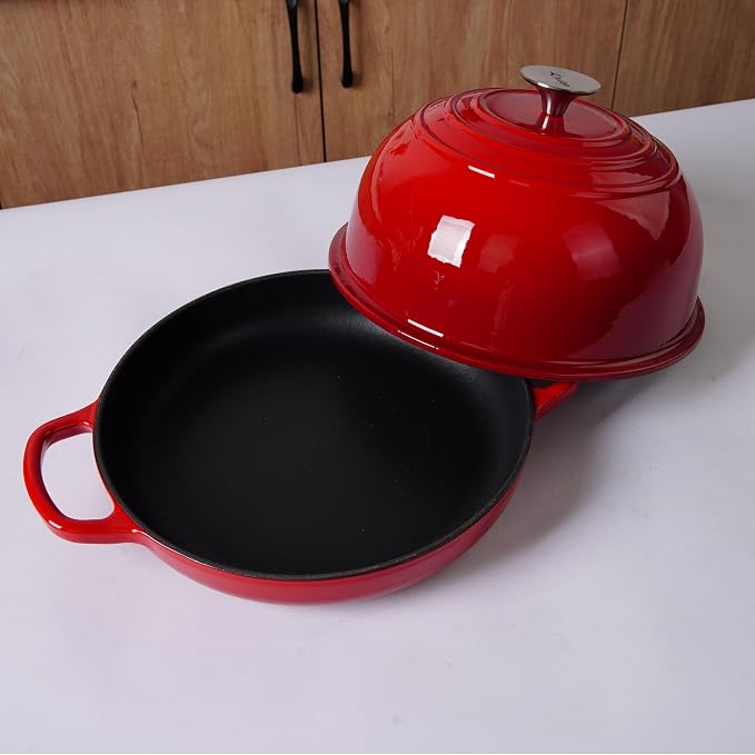 Enameled Cast Iron Bread Pan, Sourdough Artisan Bread Oven – Red – Round 26 cm, 6.25 L (6.6 qt) – Boule Pan with a Deep Lid for Steam Baking
