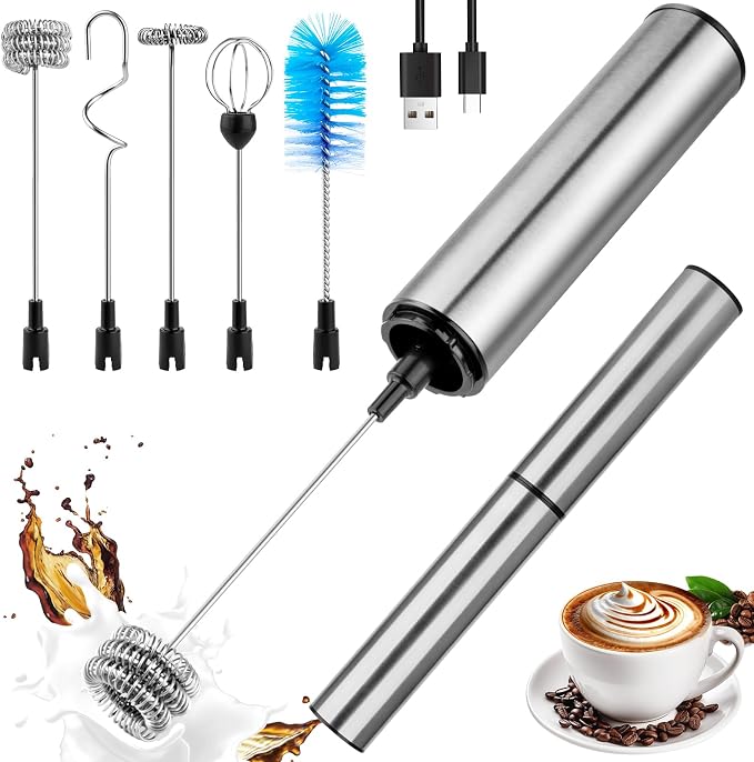 Milk Frother Wand for Coffee,Foamer,Latte,Cappuccino,Chocolate,Egg(Silvery) | Rechargeable Electric Handheld Frother Whisk with 5 Heads 2 Speeds