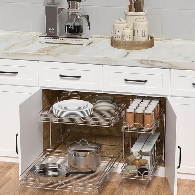 OCG 2 Tier Pull Out Cabinet Organizer (21.5" W x 18" D), Pull Out Shelves for Kitchen Cabinets, Slide Out Pantry Shelves for Base Cabinet Organization in Kitchen Bathroom Pantry, Chrome Finish