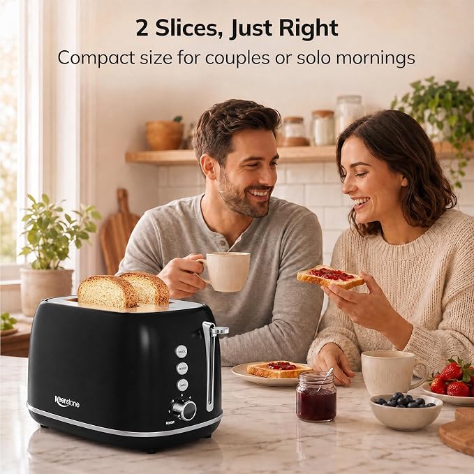 2 Slice Retro Stainless Steel Toaster with Bagel, Cancel, Defrost Function and 6 Bread Shade Settings Bread Toaster, Extra Wide Slot and Removable Crumb Tray (Black)