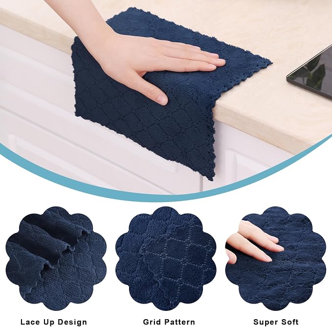 Homaxy 12 Pack Super Soft & Absorbent Dish Cloths, 10" x 10", Navy Blue | Coral Velvet, Nonstick Oil Fast Drying Microfiber Cleaning Cloth, No Lint Household Dishcloths