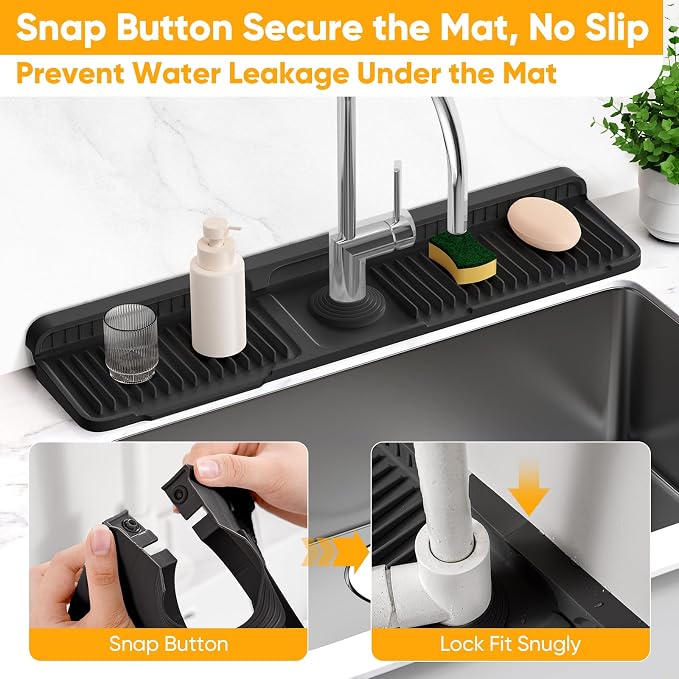 24'' Longer Faucet Mat for Kitchen Sink Splash Guard[7° Slope Fast Self-draining][Snap Lock Fit]Kitchen Sink Faucet Mat Splash Guard Kitchen Sink Area Water Splash Guard Behind Faucet Draining Mat