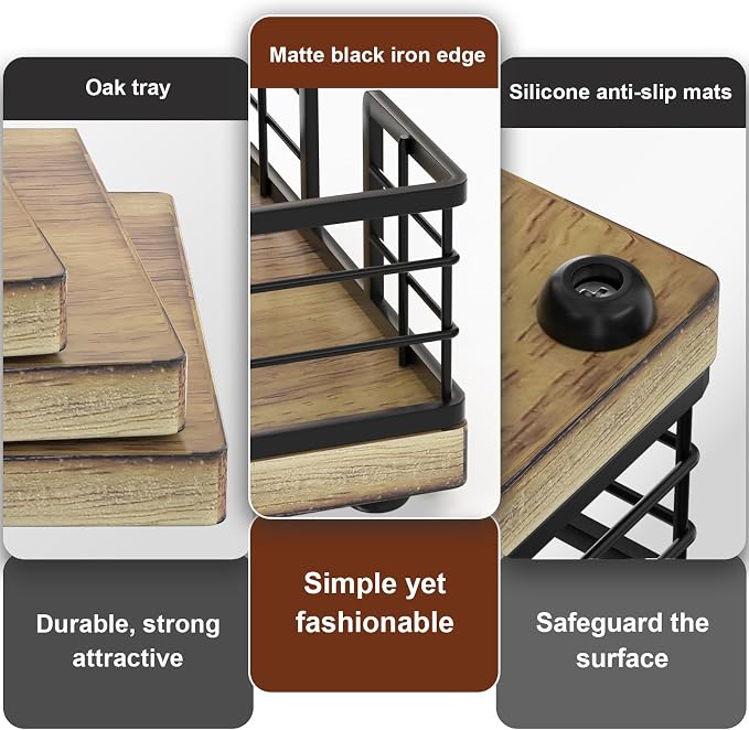 Wican Guest Towel Holder Tray for Bathroom, Oak and Iron Napkins Holder | Powder Room Dining Table Wooden Basket for Disposable Paper Hand Towels, Black and Farmhouse Brown