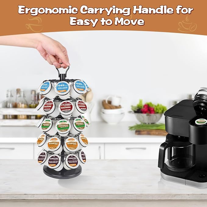 K Cup Holder, Coffee Pods Holder Storage Organizer Stand,40 Pods Capacity | K Cup Organizer,360°Rotating K Cup Carousel,Space-Saving for Countertop,Easy-Grip Top Handle,K Cups Holder Easy Assembly