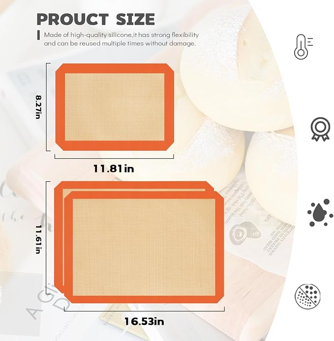 Silicone Baking Mat Set of 3, Nonstick Sheet for Cookies | 2 Half +1 Quarter Sheets Mat, Easy to Clean & Reusable, Heat Resistant, Making Macarons