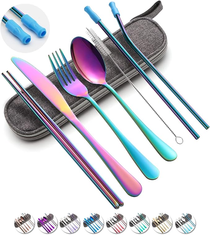Travel Utensils Set with Case Reusable Portable Cutlery Set Stainless Steel 8pcs Including Dinner Knife Fork Spoon Chopsticks Straws(Rainbow) | Dishwasher Including Dinner Knife Fork Spoon Chopsticks Straws Travel Fork Spoon Knife for Work, School, Cam...