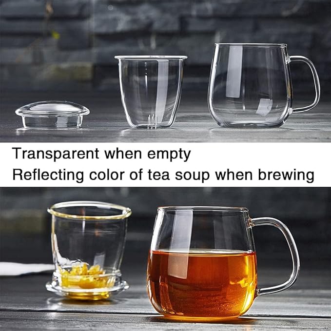 DOPUDO Glass Teacups 4 Pack Glass Tea Cup with Infuser and Lid, 17.6oz/520ml Large Borosilicate Teacup,Tea Clear Mug Cup for Loose Leaf Blooming Tea, Microwave & Dishwasher Safe.